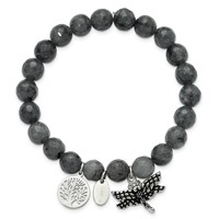 Chisel Stainless Steel Antiqued and Polished Dragonfly and Tree of Life 8mm Grey Dyed Jade Beaded Stretch Bracelet view 2