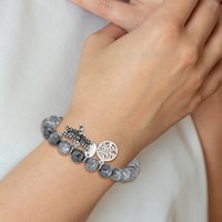 Chisel Stainless Steel Antiqued and Polished Dragonfly and Tree of Life 8mm Grey Dyed Jade Beaded Stretch Bracelet view 4