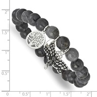 Chisel Stainless Steel Antiqued and Polished Dragonfly and Tree of Life 8mm Grey Dyed Jade Beaded Stretch Bracelet view 3