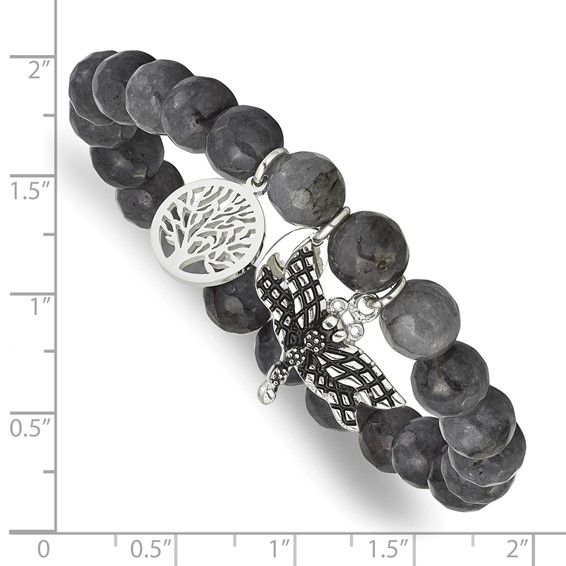 Chisel Stainless Steel Antiqued and Polished Dragonfly and Tree of Life 8mm Grey Dyed Jade Beaded Stretch Bracelet