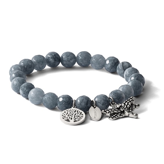 Chisel Stainless Steel Antiqued and Polished Dragonfly and Tree of Life 8mm Grey Dyed Jade Beaded Stretch Bracelet