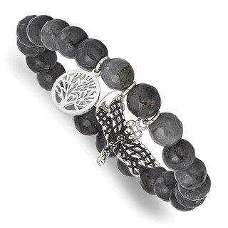 Chisel Stainless Steel Antiqued and Polished Dragonfly and Tree of Life 8mm Grey Dyed Jade Beaded Stretch Bracelet