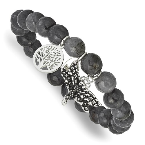 Chisel Stainless Steel Antiqued and Polished Dragonfly and Tree of Life 8mm Grey Dyed Jade Beaded Stretch Bracelet