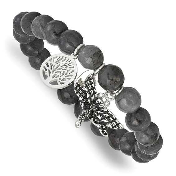Chisel Stainless Steel Antiqued and Polished Dragonfly and Tree of Life 8mm Grey Dyed Jade Beaded Stretch Bracelet