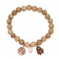 Chisel Stainless Steel Antiqued and Polished Rose IP-plated Owl and Tree of Life 8mm Taupe Dyed Jade Beaded Stretch Bracelet view 2