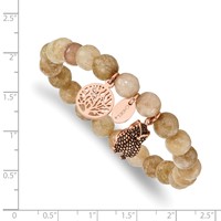 Chisel Stainless Steel Antiqued and Polished Rose IP-plated Owl and Tree of Life 8mm Taupe Dyed Jade Beaded Stretch Bracelet view 3