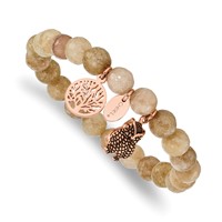 Chisel Stainless Steel Antiqued and Polished Rose IP-plated Owl and Tree of Life 8mm Taupe Dyed Jade Beaded Stretch Bracelet view 1