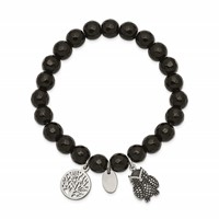 Chisel Stainless Steel Antiqued and Polished Owl and Tree of Life 8mm Black Jade Beaded Stretch Bracelet view 2