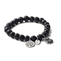 Chisel Stainless Steel Antiqued and Polished Owl and Tree of Life 8mm Black Jade Beaded Stretch Bracelet view 5