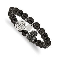 Chisel Stainless Steel Antiqued and Polished Owl and Tree of Life 8mm Black Jade Beaded Stretch Bracelet view 1