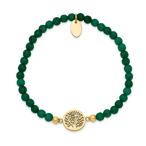 Chisel Stainless Steel Polished Yellow IP-plated Tree of Life 4mm Green Jade Beaded Stretch Bracelet