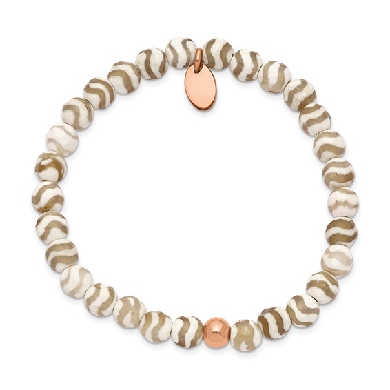 Chisel Stainless Steel Polished Rose IP-plated 6mm White Wave Agate Beaded Stretch Bracelet