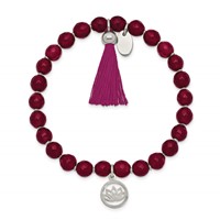 Chisel Stainless Steel Polished Lotus 6mm Pink Jade Beaded Stretch Bracelet with Tassel view 2