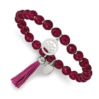 Chisel Stainless Steel Polished Lotus 6mm Pink Jade Beaded Stretch Bracelet with Tassel view 1
