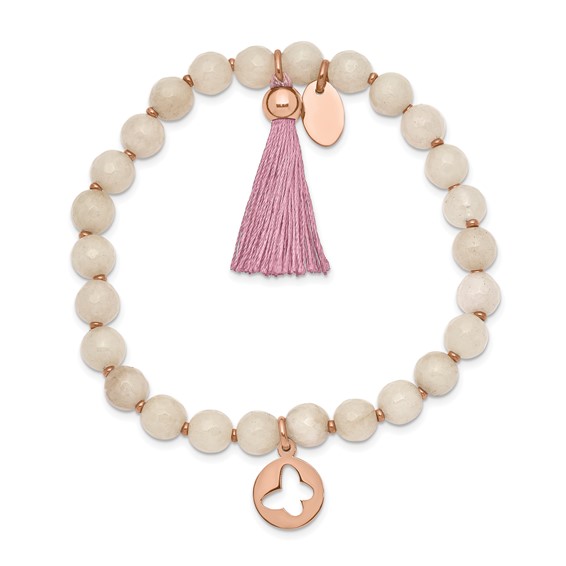 Chisel Stainless Steel Polished Rose IP-plated Butterfly 6mm Pink Agate Beaded Stretch Bracelet with Tassel