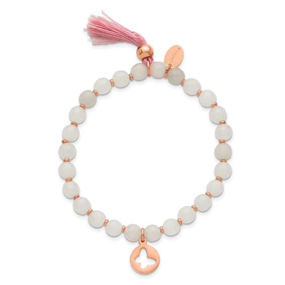 Chisel Stainless Steel Polished Rose IP-plated Butterfly 6mm Pink Agate Beaded Stretch Bracelet with Tassel
