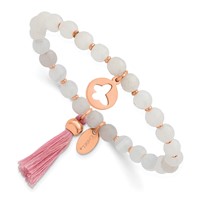 Chisel Stainless Steel Polished Rose IP-plated Butterfly 6mm Pink Agate Beaded Stretch Bracelet with Tassel view 1