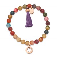 Chisel Stainless Steel Polished Rose IP-plated Clover 6mm Multi Color Agate Beaded Stretch Bracelet with Tassel view 2
