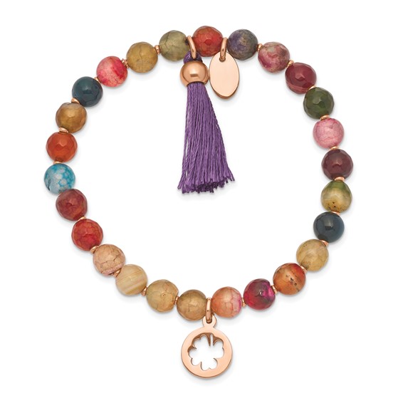 Chisel Stainless Steel Polished Rose IP-plated Clover 6mm Multi Color Agate Beaded Stretch Bracelet with Tassel