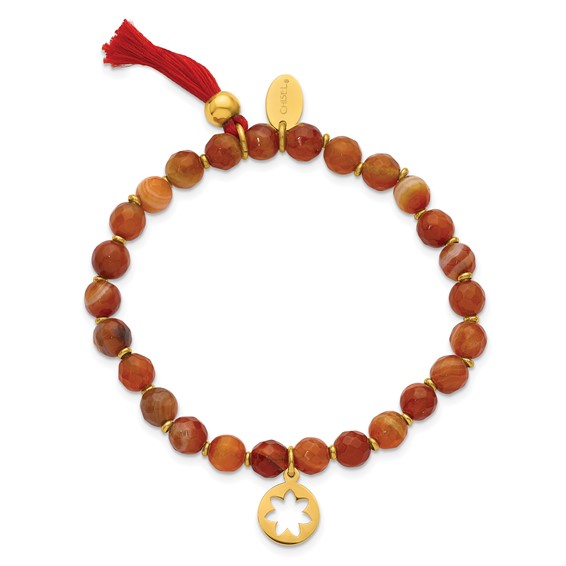 Chisel Stainless Steel Polished Yellow IP-plated Flower 6mm Orange Agate Beaded with Tassel Stretch Bracelet