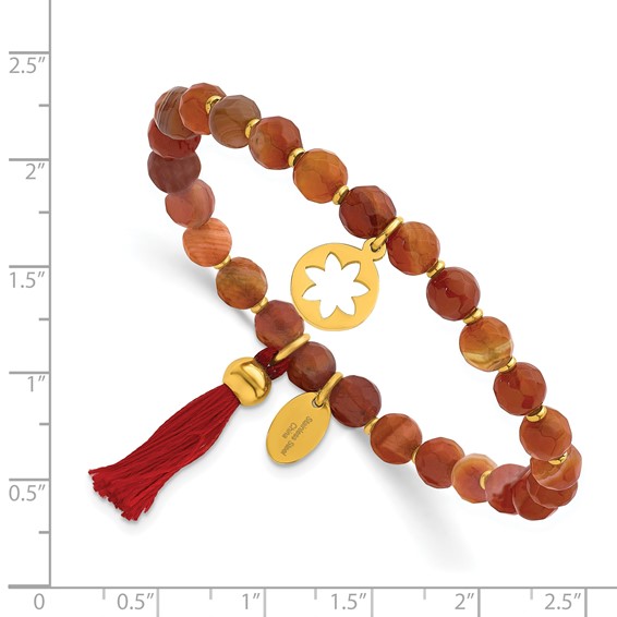 Chisel Stainless Steel Polished Yellow IP-plated Flower 6mm Orange Agate Beaded with Tassel Stretch Bracelet