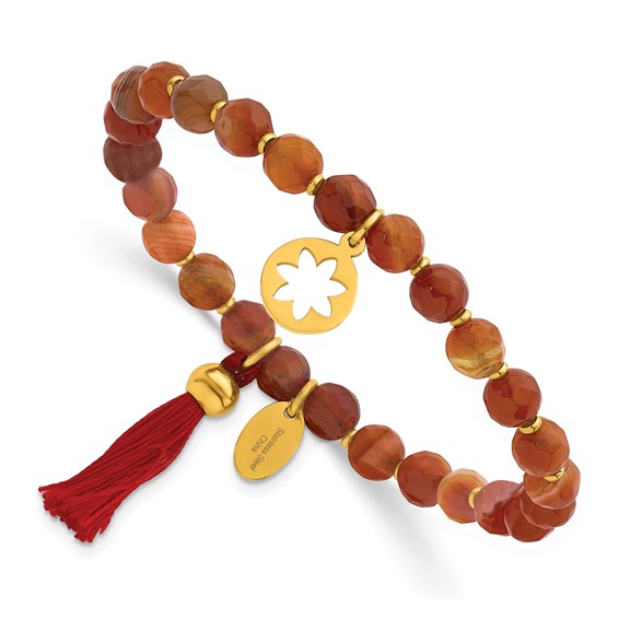 Chisel Stainless Steel Polished Yellow IP-plated Flower 6mm Orange Agate Beaded with Tassel Stretch Bracelet