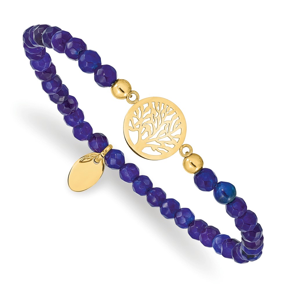 Stainless Steel Gold Plated Tree of Life 4mm Green Jade Beaded Stretch Bracelet Stainless Steel Gold Plated Tree of Life 4mm Green Jade Beaded Stretch Bracelet