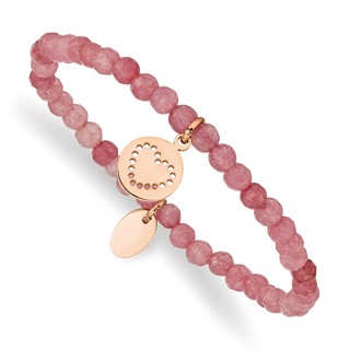 Chisel Stainless Steel Polished Rose IP-plated Heart 4mm Pink Jade Beaded Stretch Bracelet
