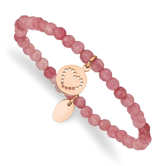 Chisel Stainless Steel Polished Rose IP-plated Heart 4mm Pink Jade Beaded Stretch Bracelet