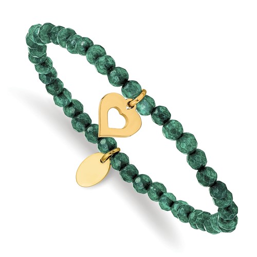 Chisel Stainless Steel Polished Yellow IP-plated Heart 4mm Green Jade Beaded Stretch Bracelet