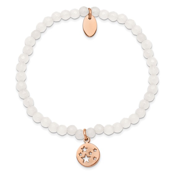 Chisel Stainless Steel Polished Rose IP-plated Stars 4mm White Jade Beaded Stretch Bracelet