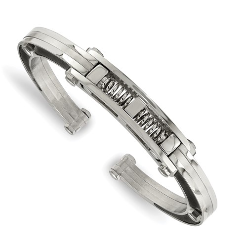 Chisel Stainless Steel Brushed and Polished Bangle with Black Carbon Fiber Inlay Hinged