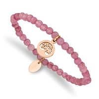 Chisel Stainless Steel Polished Rose IP-plated Tree 4mm Pink Jade Beaded Stretch Bracelet view 1