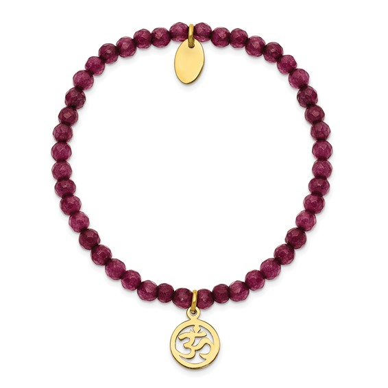 Chisel Stainless Steel Polished Yellow IP-plated OHM 4mm Purple Jade Beaded Stretch Bracelet