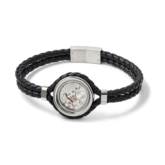 Chisel Stainless Steel Brushed and Polished Yellow IP-palted with CZ Black Braided Leather 8.5 inch Bracelet