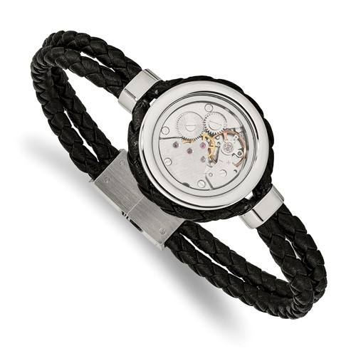 Chisel Stainless Steel Brushed and Polished Yellow IP-palted Bracelet with CZ Black Braided Leather - 8.5in