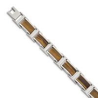 Chsiel Stainless Steel Polished Bracelet with Tiger's Eye Inlay Link, 8.5" view 3