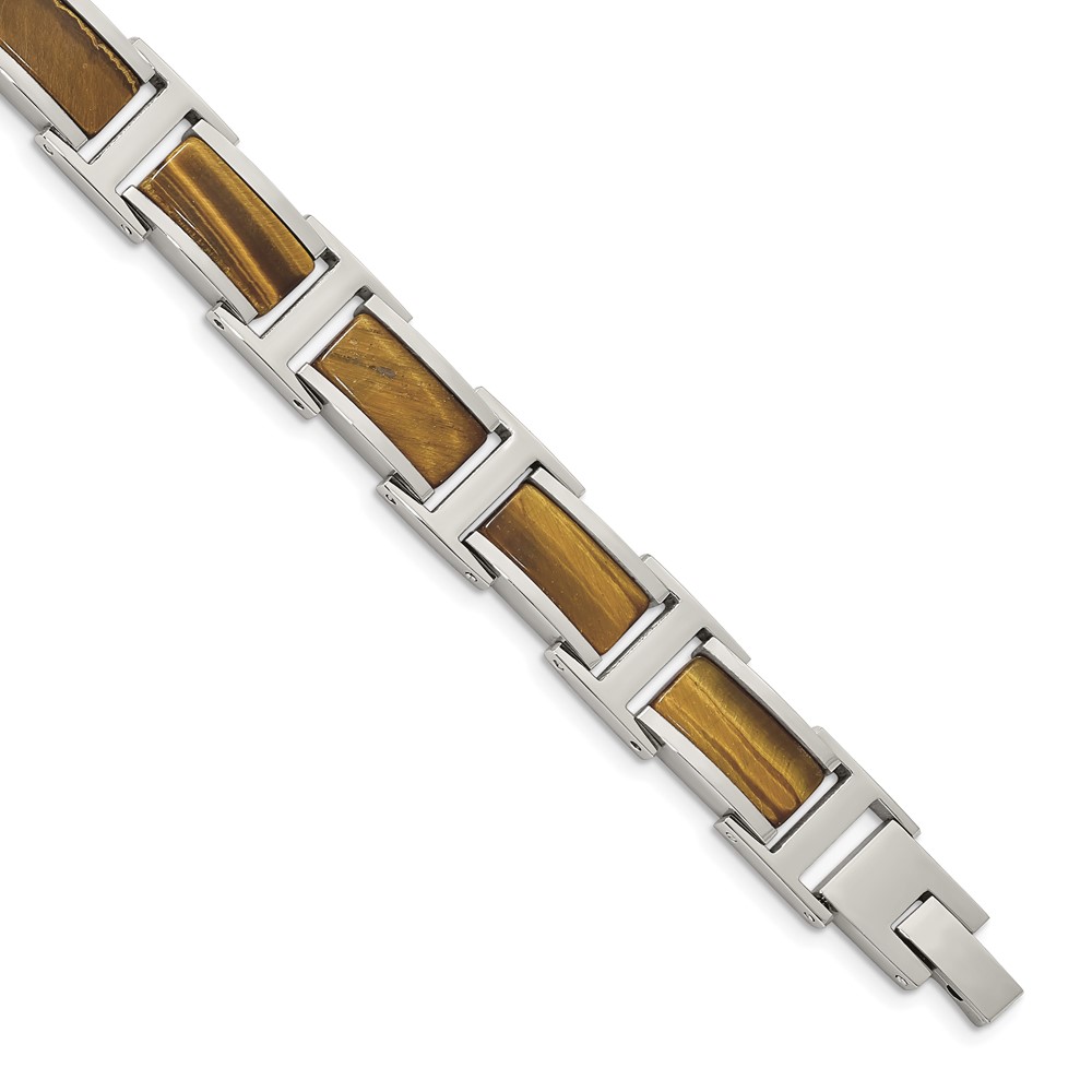 Stainless Steel Polished with Tiger's Eye Inlay 8.5in Link Bracelet