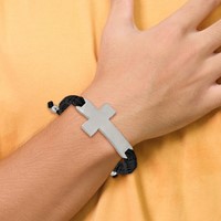 Stainless Steel Brushed and Polished Cross Black Nylon Adjustable Bracelet view 4