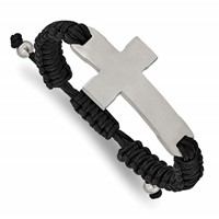 Stainless Steel Brushed and Polished Cross Black Nylon Adjustable Bracelet view 1