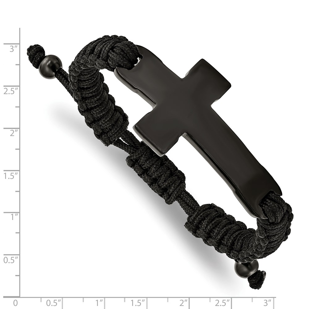 Stainless Steel Polished Black IP Black Nylon Adjustable Cross Bracelet - Engravable Stainless Steel Polished Black IP Black Nylon Adjustable Cross Bracelet - Engravable