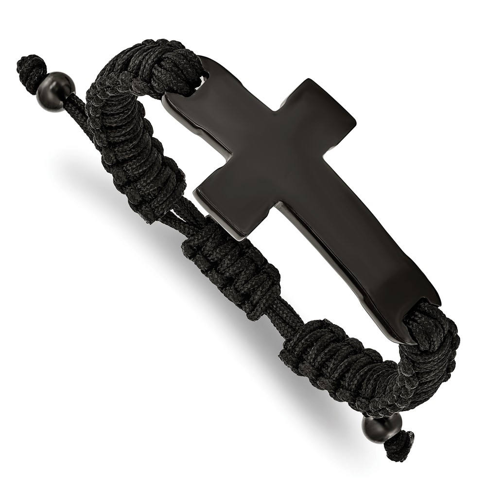 Stainless Steel Polished Black IP Black Nylon Adjustable Cross Bracelet - Engravable Stainless Steel Polished Black IP Black Nylon Adjustable Cross Bracelet - Engravable