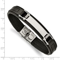 Chisel Stainless Steel Polished Black Leather ID Bracelet, 8.25" view 3