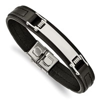 Chisel Stainless Steel Polished Black Leather ID Bracelet, 8.25" view 1
