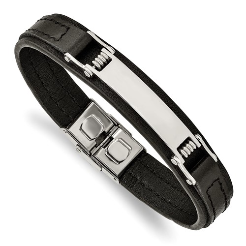 Chisel Stainless Steel Polished Black Leather ID Bracelet, 8.25"