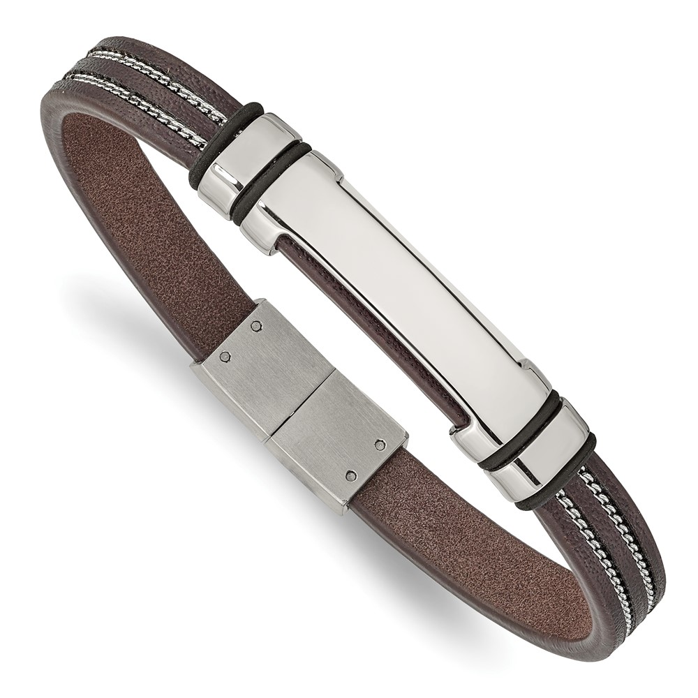 Stainless Steel Polished Brown Leather w/Black Rubber 8.25in ID Bracelet