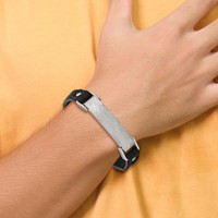 Chisel Stainless Steel Polished Scratch Finished Black Leather Adjustable ID Bracelet view 4