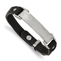 Chisel Stainless Steel Polished Scratch Finished Black Leather Adjustable ID Bracelet view 1