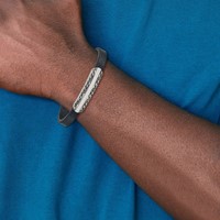 Chisel Stainless Steel Antiqued and Polished Navy Blue Leather Bracelet, 8.25" view 4