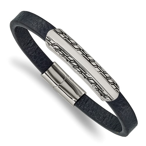 Chisel Stainless Steel Antiqued and Polished Navy Blue Leather Bracelet, 8.25"